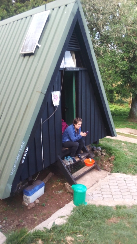 Person sitting on steps of a cabin in a forested area.