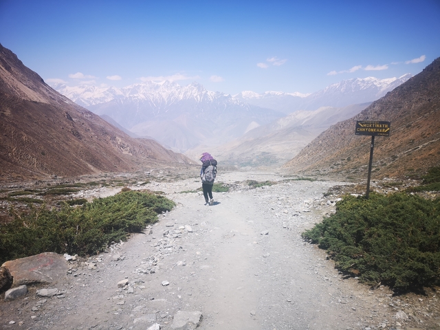 Person walking on a mountain trail with scenic view