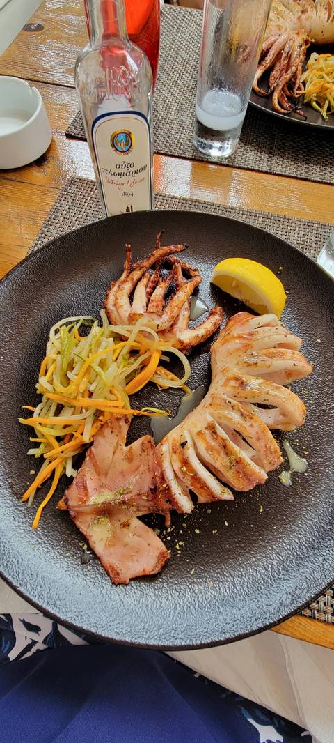 Plated calamari with julienned vegetables.