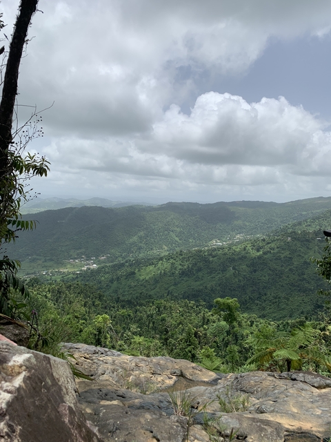 Landscape with green hills and cloudy sky.