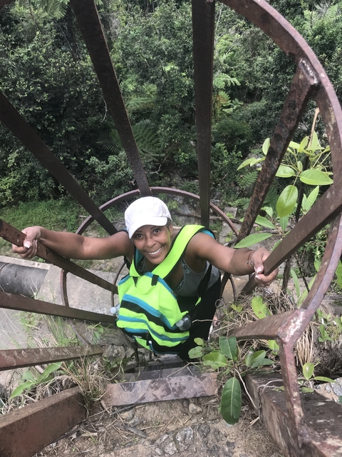 Woman climbing a circular ladder near greenery.