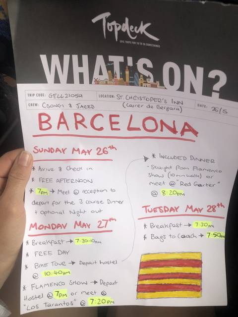 Handwritten itinerary for Barcelona.