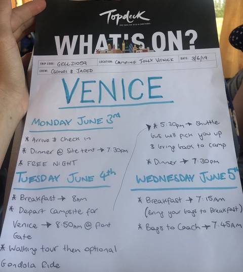 Handwritten itinerary for Venice.