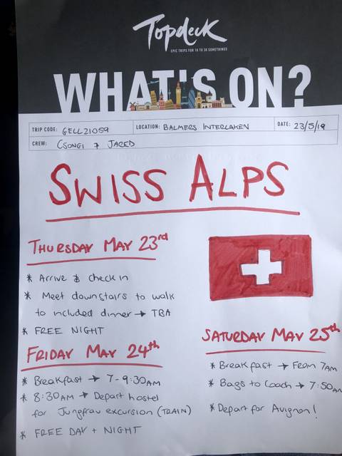 Handwritten itinerary for the Swiss Alps.