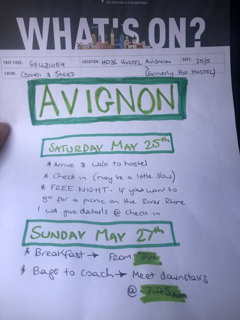 Handwritten itinerary for Avignon.