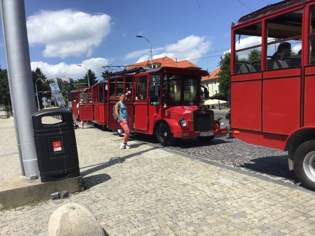Red tourist tram with people in a sunny urban setting.