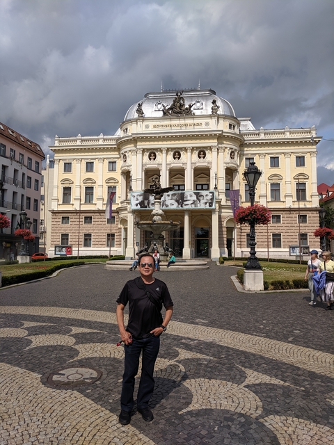Man in front of an ornate building with a fountain.