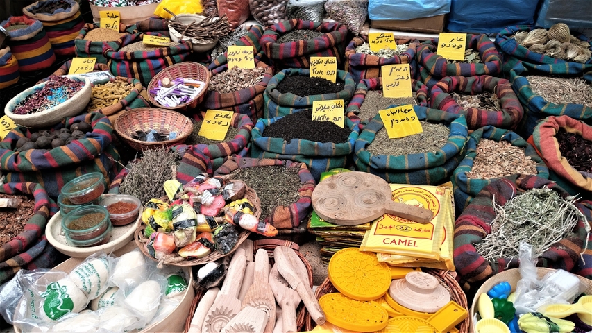 Market with various spices displayed