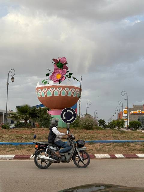 Person on a motor scooter passing a large flower sculpture.
