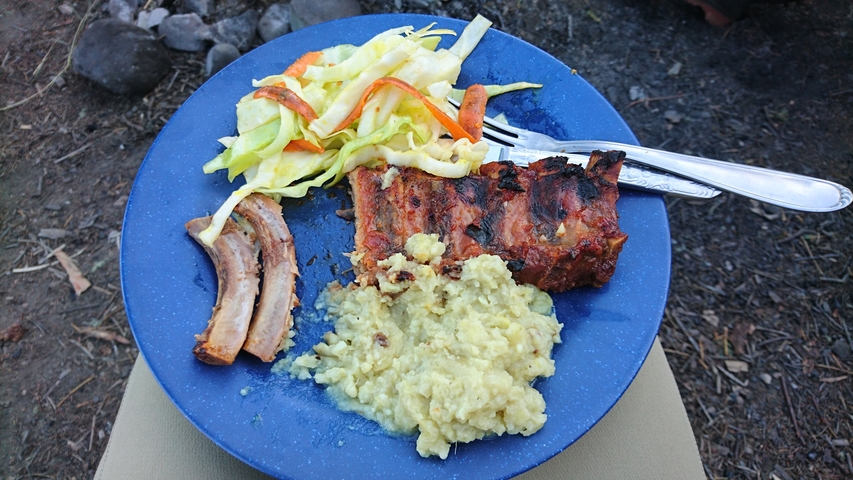 Plate of ribs with mashed potatoes and coleslaw.