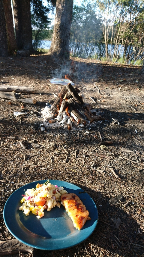 Extinguished campfire with arranged wood.