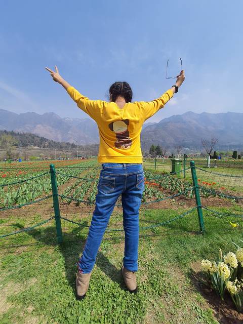 Person standing, facing away in a landscape with mountains.