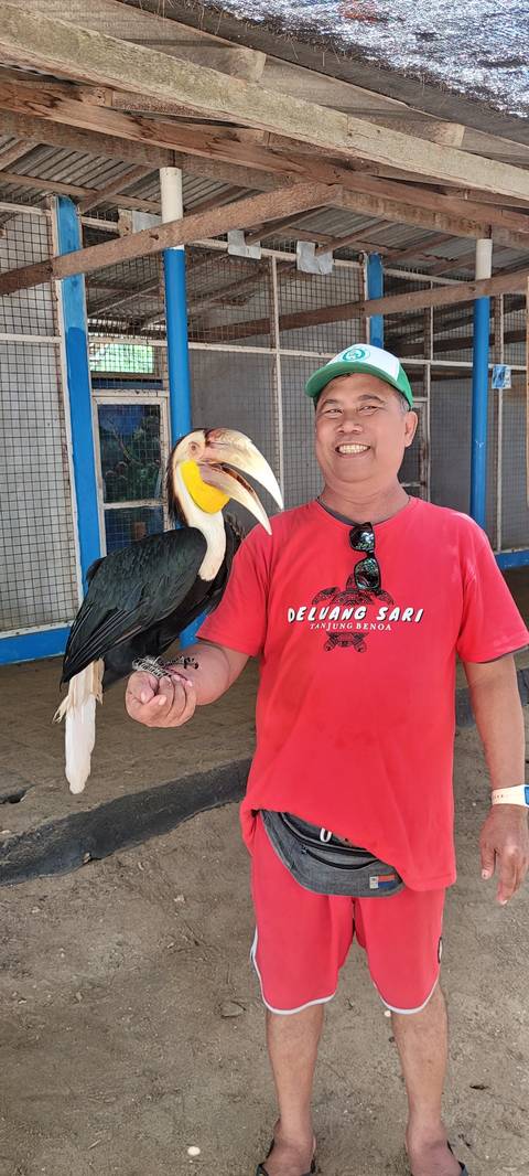A man holding a hornbill bird in a casual setting.