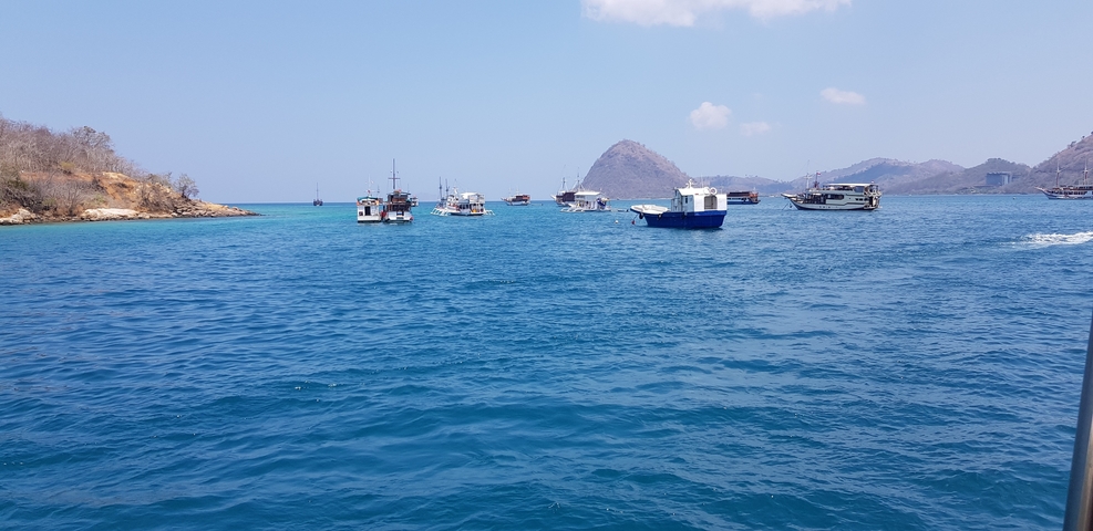 A group of boats on a tranquil sea with hills in the background.