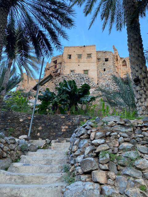 Stone buildings and steps surrounded by palm trees.