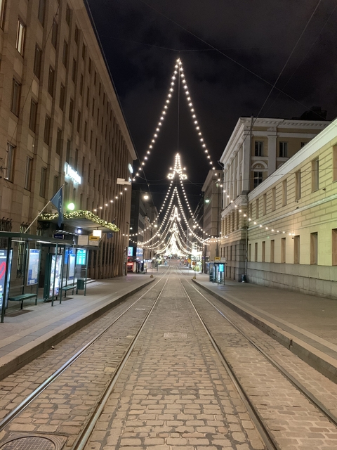 Street decorated with Christmas lights at night.