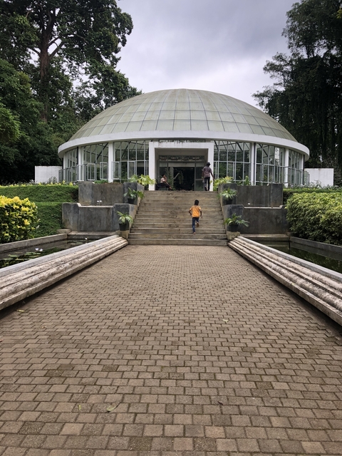 Botanical garden entrance with a child climbing stairs.