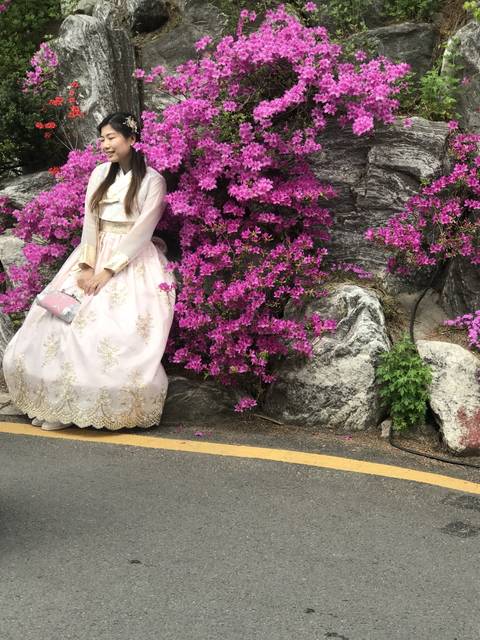 Person in traditional dress standing next to a bush of pink flowers.