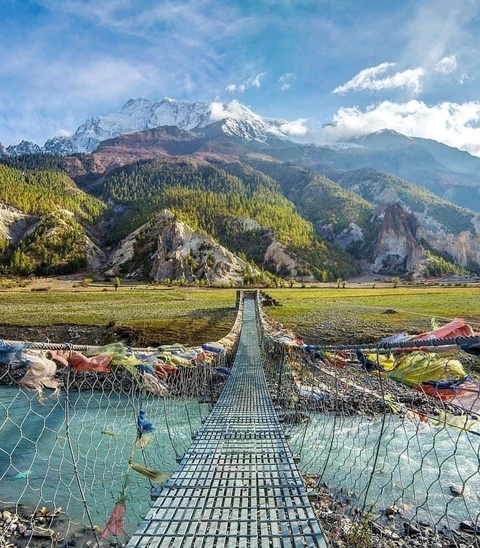 Suspension bridge draped with colourful prayer flags stretching toward verdant Himalayan foothills.
