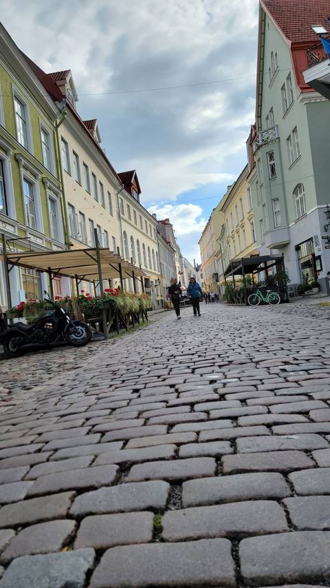 Cobbled street with people walking and historic buildings.