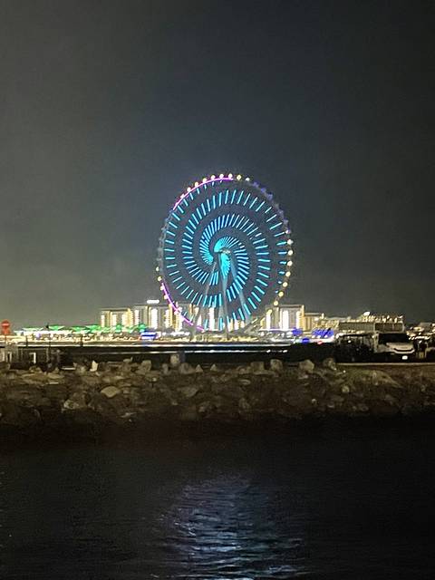 Illuminated Ferris wheel near the water at night.