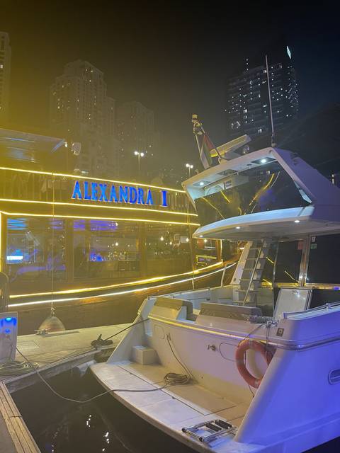 Illuminated boats docked at night.