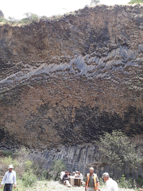 Close-up view of hexagonal rock formations.