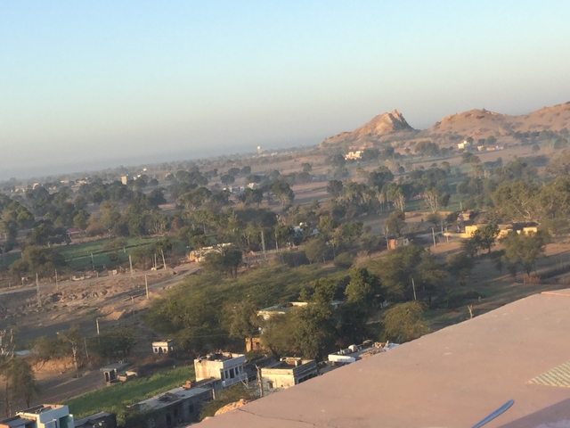 Hazy rural landscape of Rajasthan with scattered farms, scrub trees and distant rocky hill at dawn.