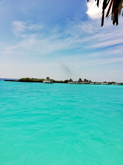 Turquoise waters with distant view of boats and trees.