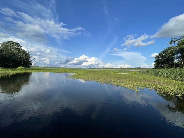 Scenic landscape view of a river and cloudy sky.