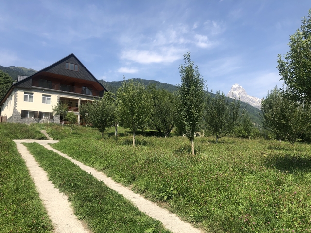 Country house surrounded by green meadows with a mountain view.