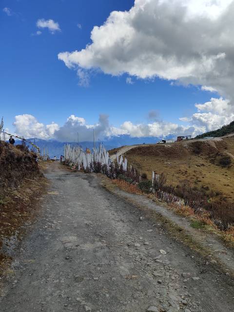 Scenic mountain trail lined with prayer flags.