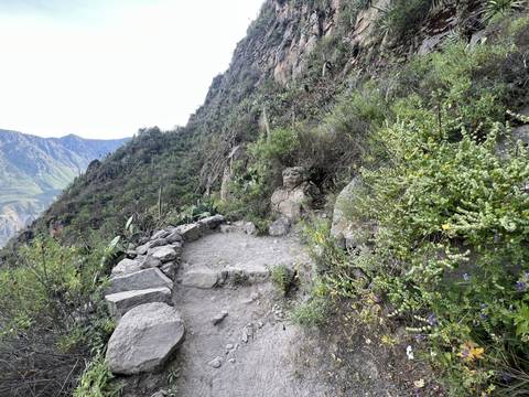 An old stone trail with carved rocks on a mountainside.