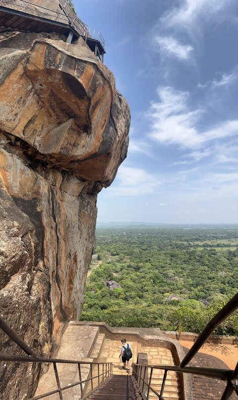 Rocky cliff overlooking a vast green landscape.
