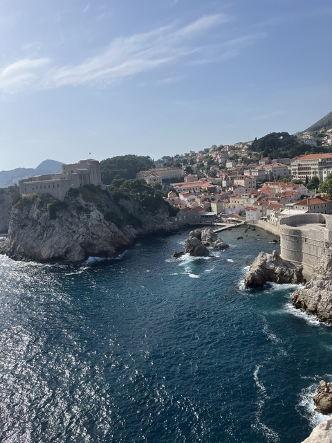 Coastal view of Dubrovnik with fortifications.
