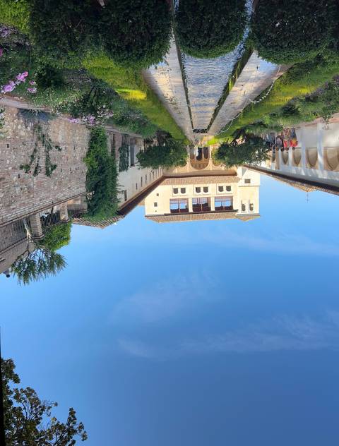 Beautiful garden with path leading to a quaint building.
