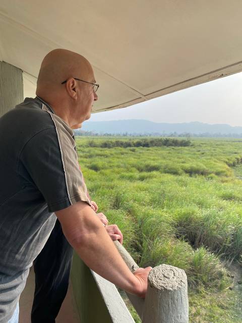 Man observing the green landscape from a balcony.