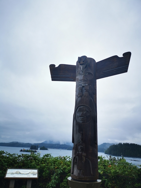 Traditional totem pole against a cloudy sky.