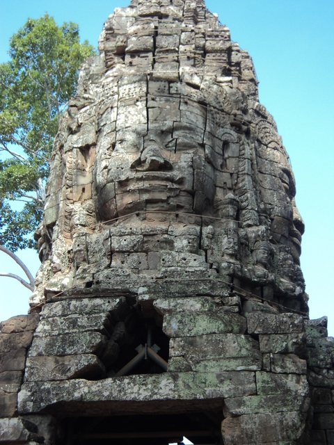 Ancient stone face carvings covered in greenery.