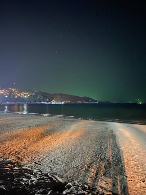 Beach at night with distant lights.