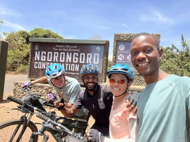 Group posing at the Ngorongoro Conservation Area entrance.