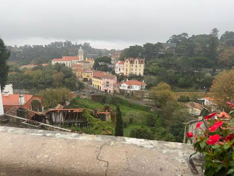 Upside-down view of a colorful town.