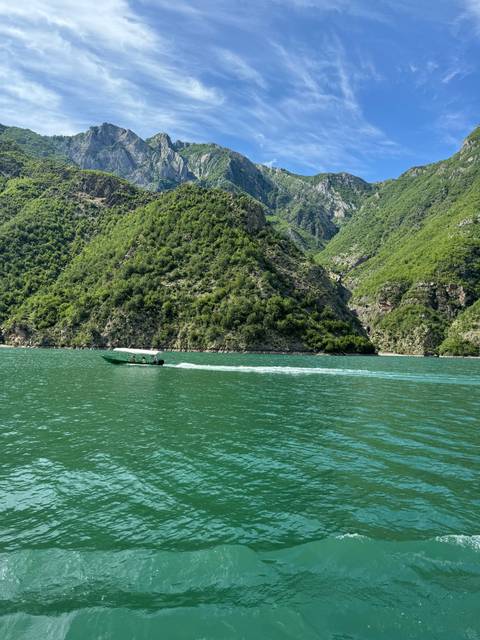 A narrow boat in a river surrounded by greenery and mountains.