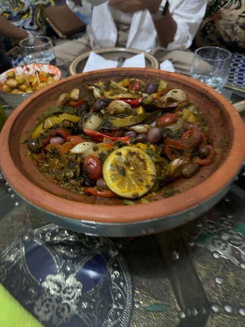 Close-up of a colorful tagine dish.