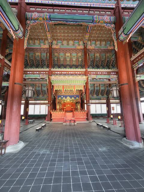Intricately decorated Korean temple interior.
