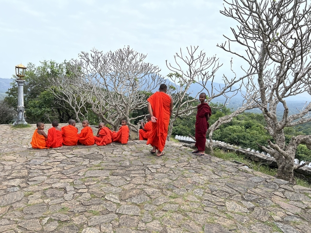 Young monks wearing traditional orange robes sitting on stone steps.