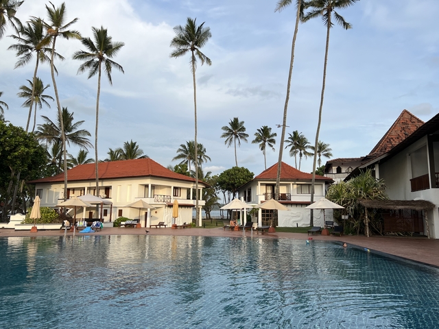 Luxury resort with a swimming pool and palm trees by the ocean.