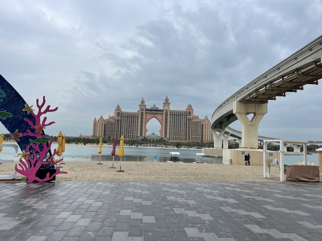 Atlantis hotel on Palm Jumeirah with monorail track.