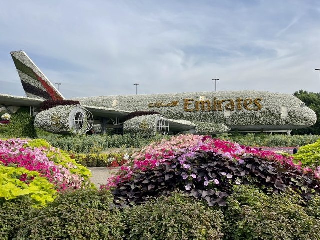 Flower-covered Emirates airplane at Dubai Miracle Garden.