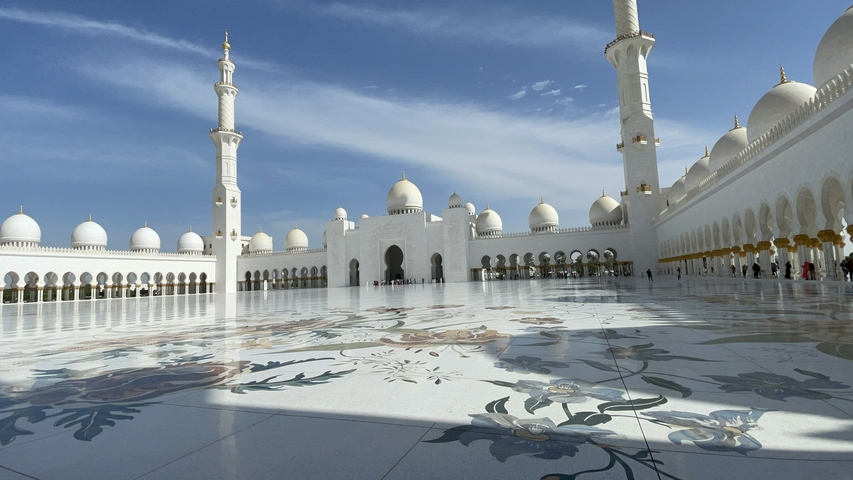 Sheikh Zayed Grand Mosque's courtyard with floral designs.